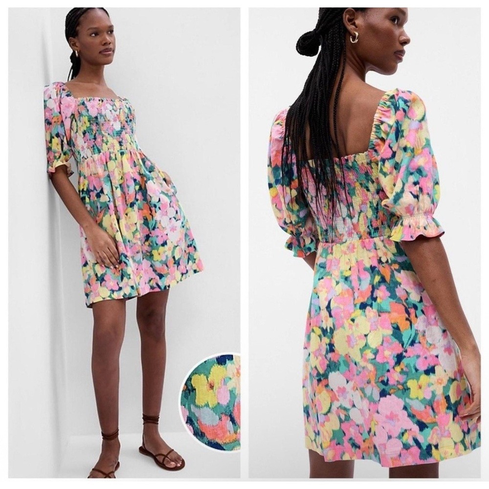Gap Puff Sleeve Floral Smocked Linen Blend Milkmaid‎ Mini Dress M Easter Pockets
